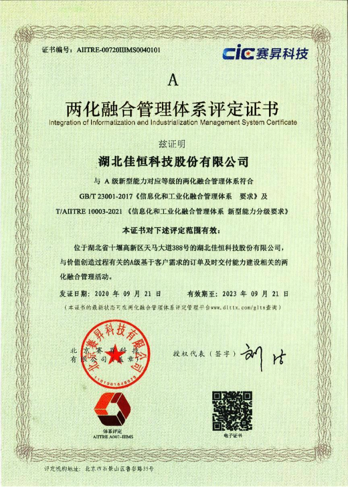 兩化融(rong)合管理體(tǐ)系評定證(zhèng)書